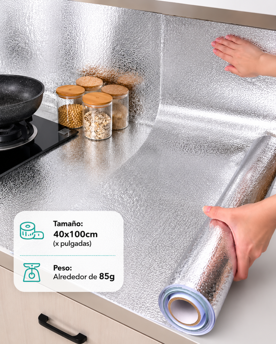 Papel de Aluminio Autoadhesivo para Cocina | Impermeable, Antigrasa y Resistente al Calor