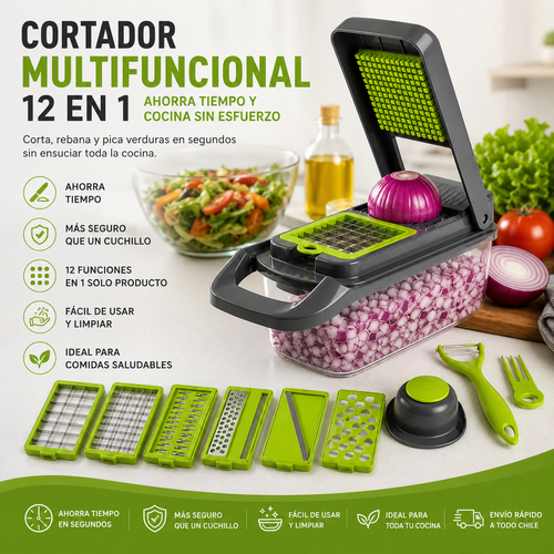 Cortador Multifuncional 12 en 1 – Ahorra Tiempo y Cocina Sin Esfuerzo
