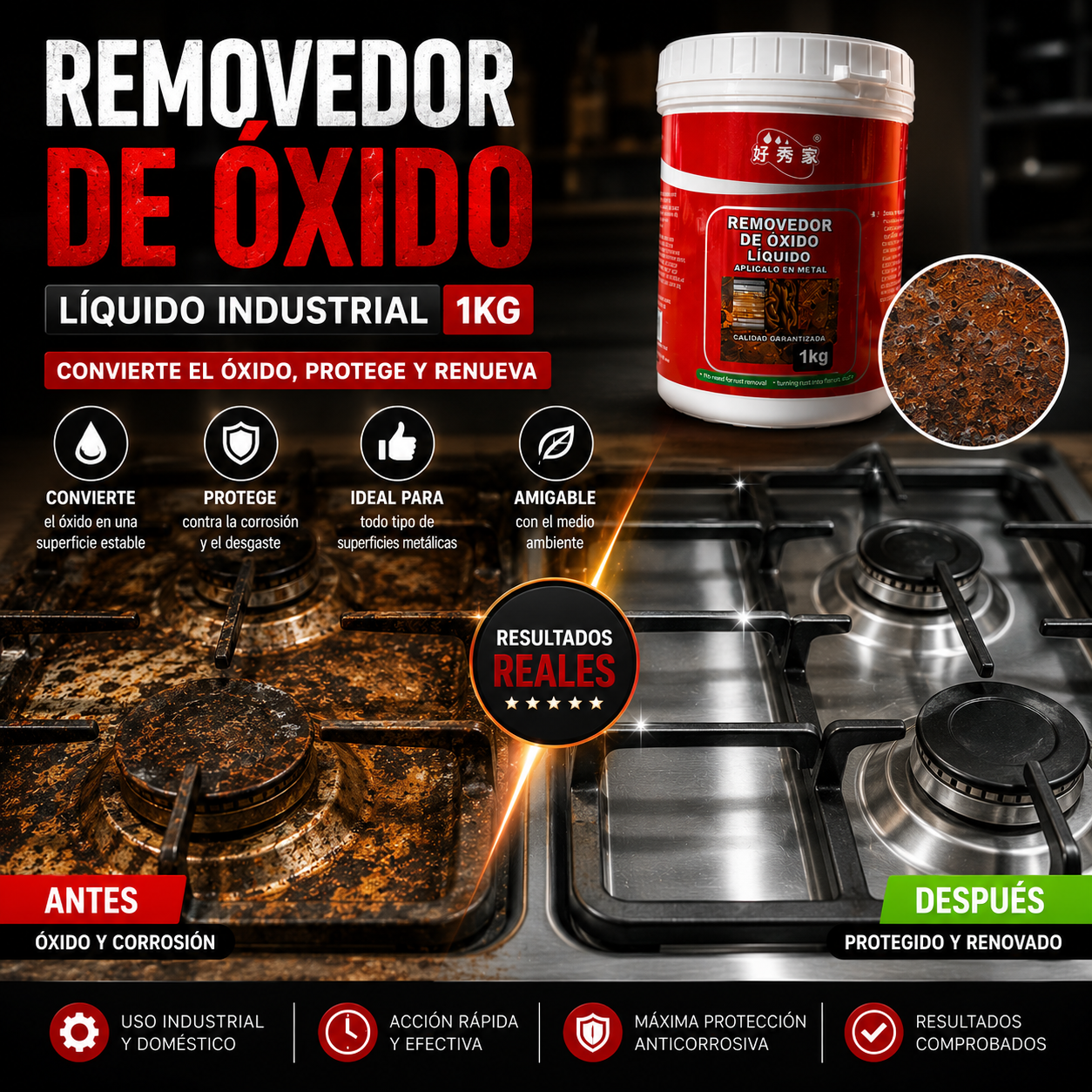 Removedor De Oxido Líquido Industrial 1kg – Convertidor y Protector de Superficies Metálicas