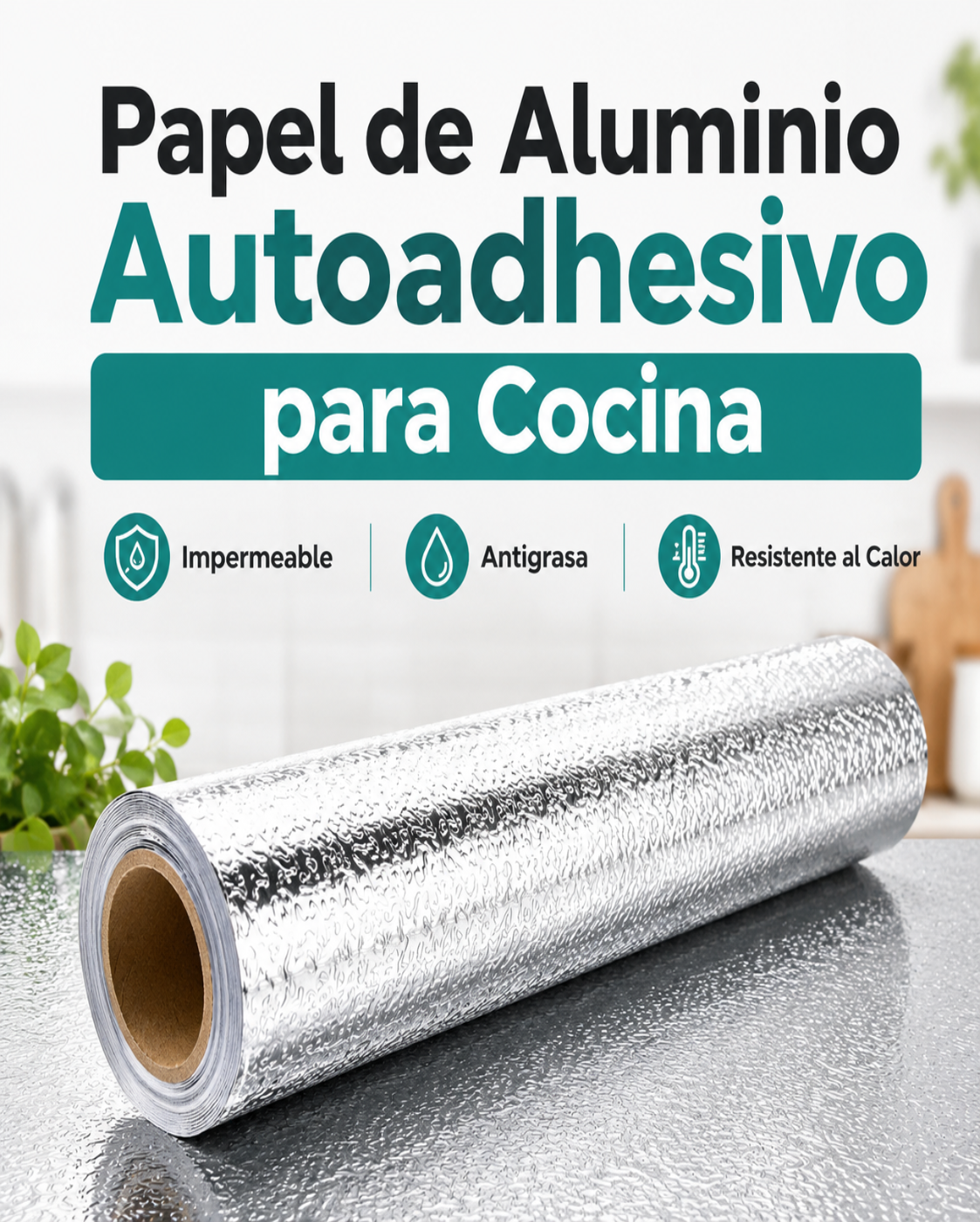 Papel de Aluminio Autoadhesivo para Cocina | Impermeable, Antigrasa y Resistente al Calor