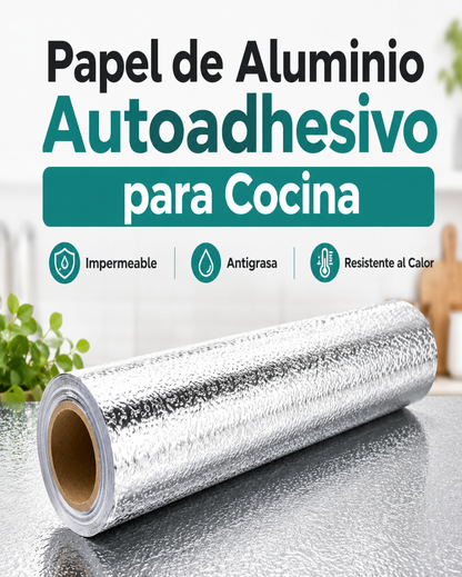 Papel de Aluminio Autoadhesivo para Cocina | Impermeable, Antigrasa y Resistente al Calor
