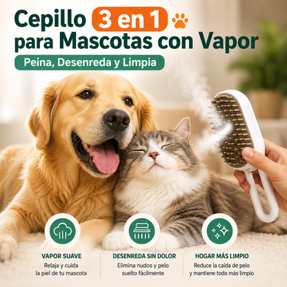 Cepillo 3 en 1 para Mascotas con Vapor | Peina, Desenreda y Limpia ✨
