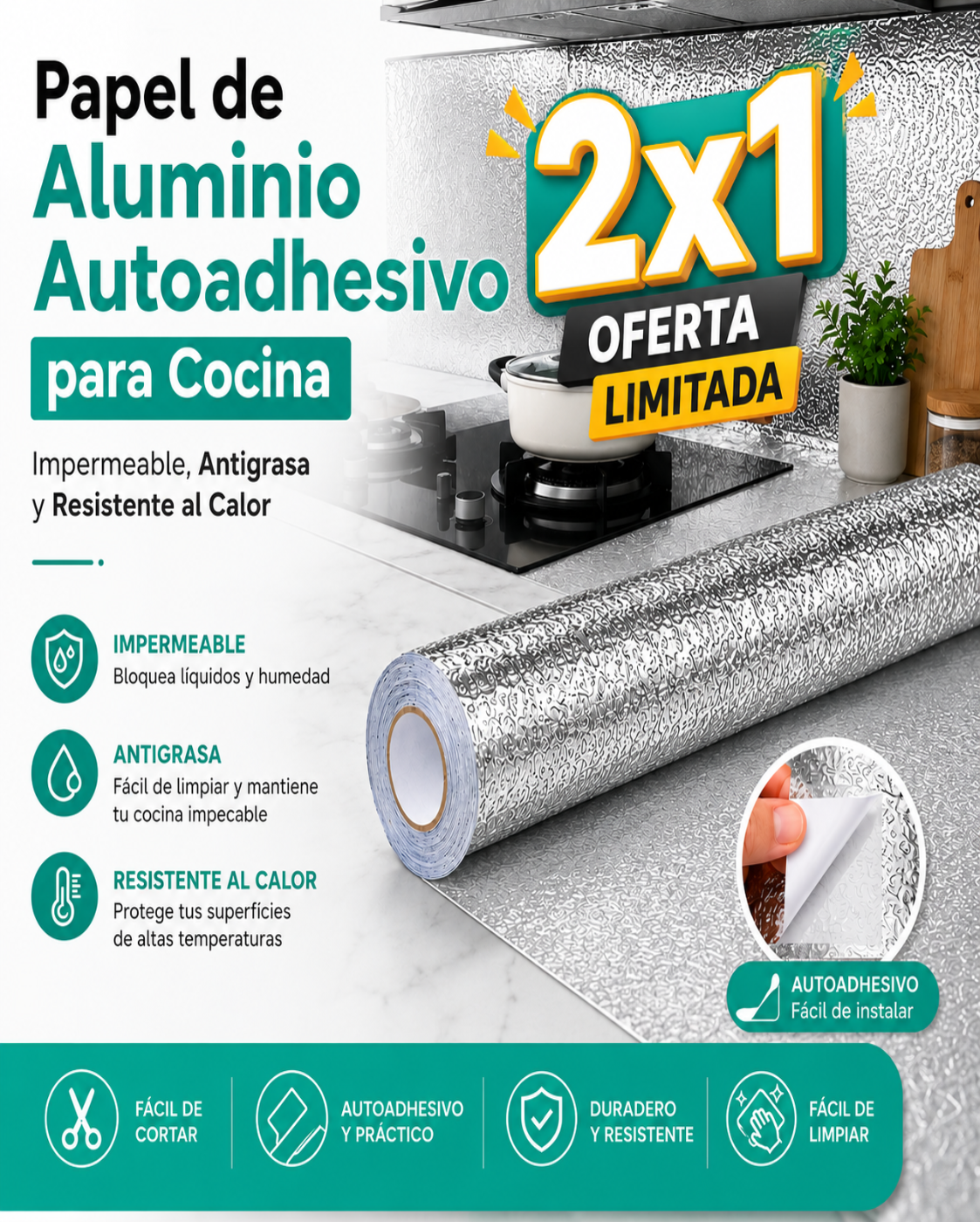 Papel de Aluminio Autoadhesivo para Cocina | Impermeable, Antigrasa y Resistente al Calor