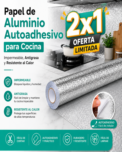 Papel de Aluminio Autoadhesivo para Cocina | Impermeable, Antigrasa y Resistente al Calor