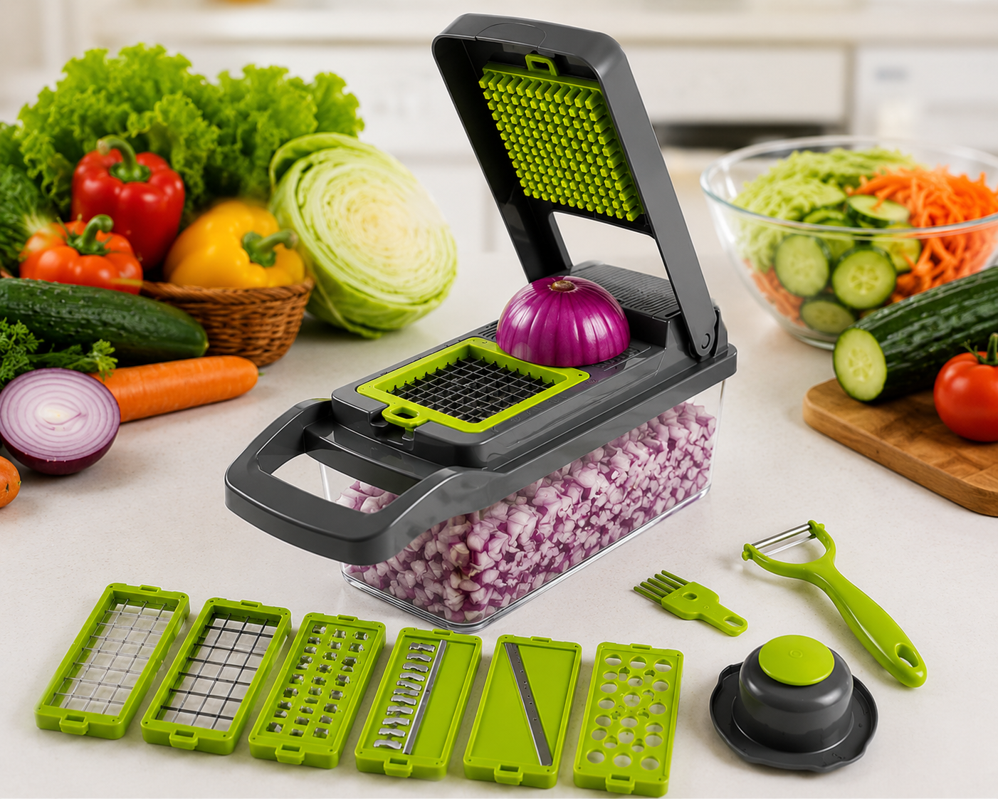 Cortador Multifuncional 12 en 1 – Ahorra Tiempo y Cocina Sin Esfuerzo